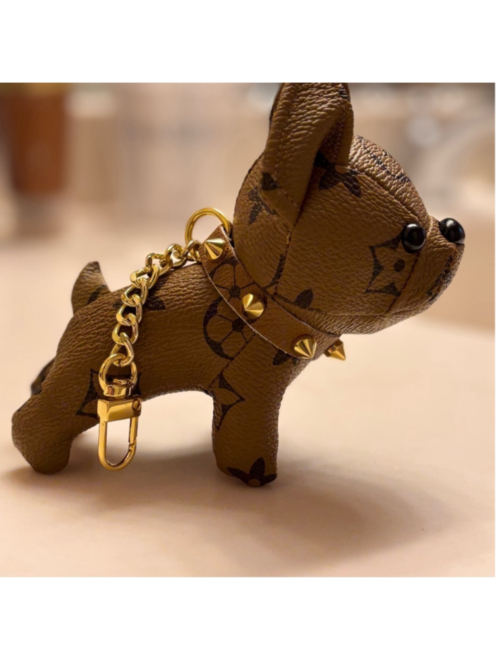 Tan Adorable Dog Keychain with Gold Accents and Gold Spiked Collar